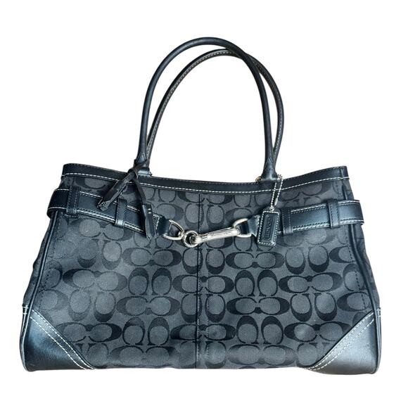 Coach Handbags - Coach Hampton Signature Black Jacquard Leather Trim Satchel Tote Bag Purse Y2K